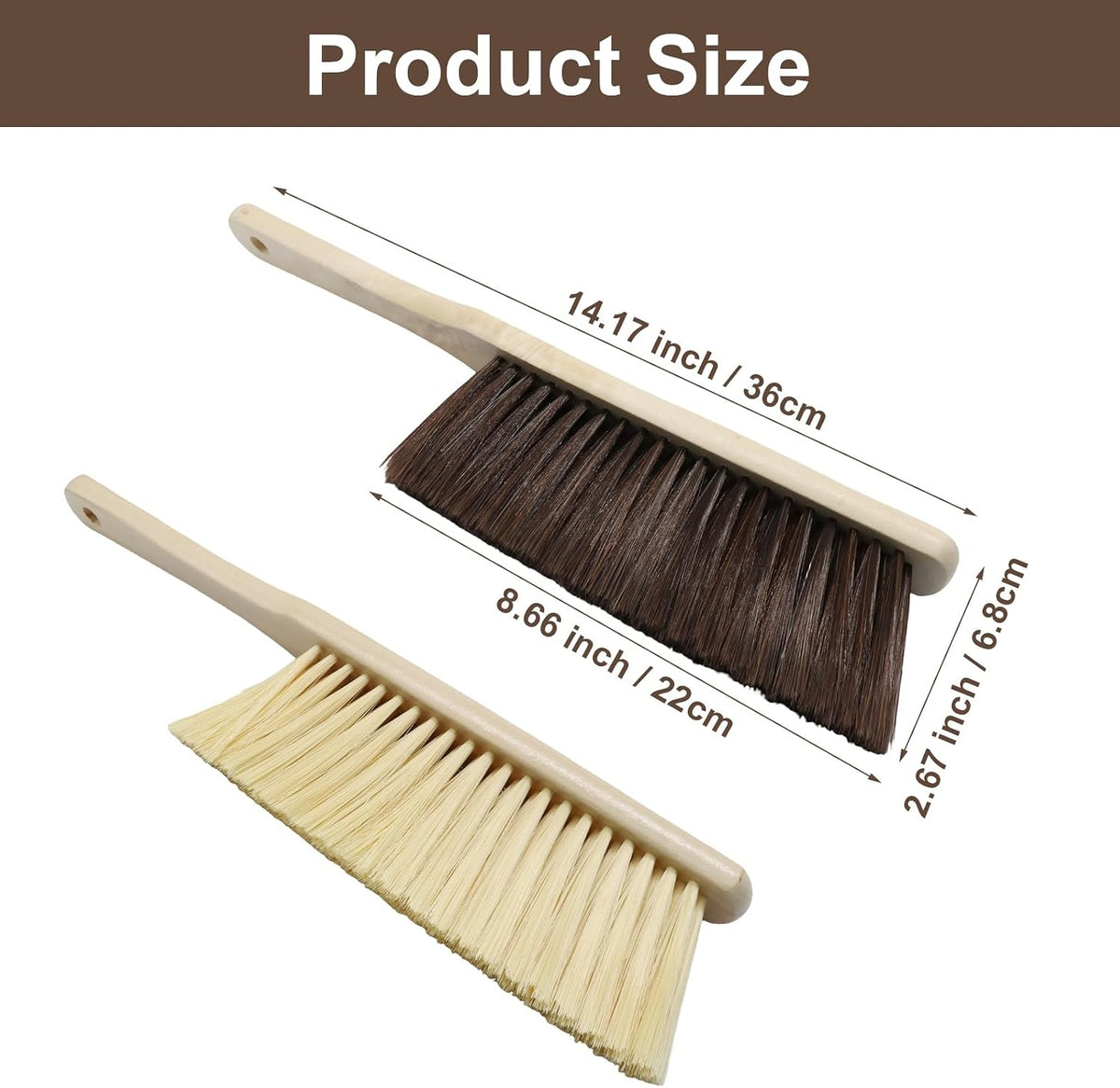 2 Pack Wooden Handle Dust Brush Set, Khaki, Brown