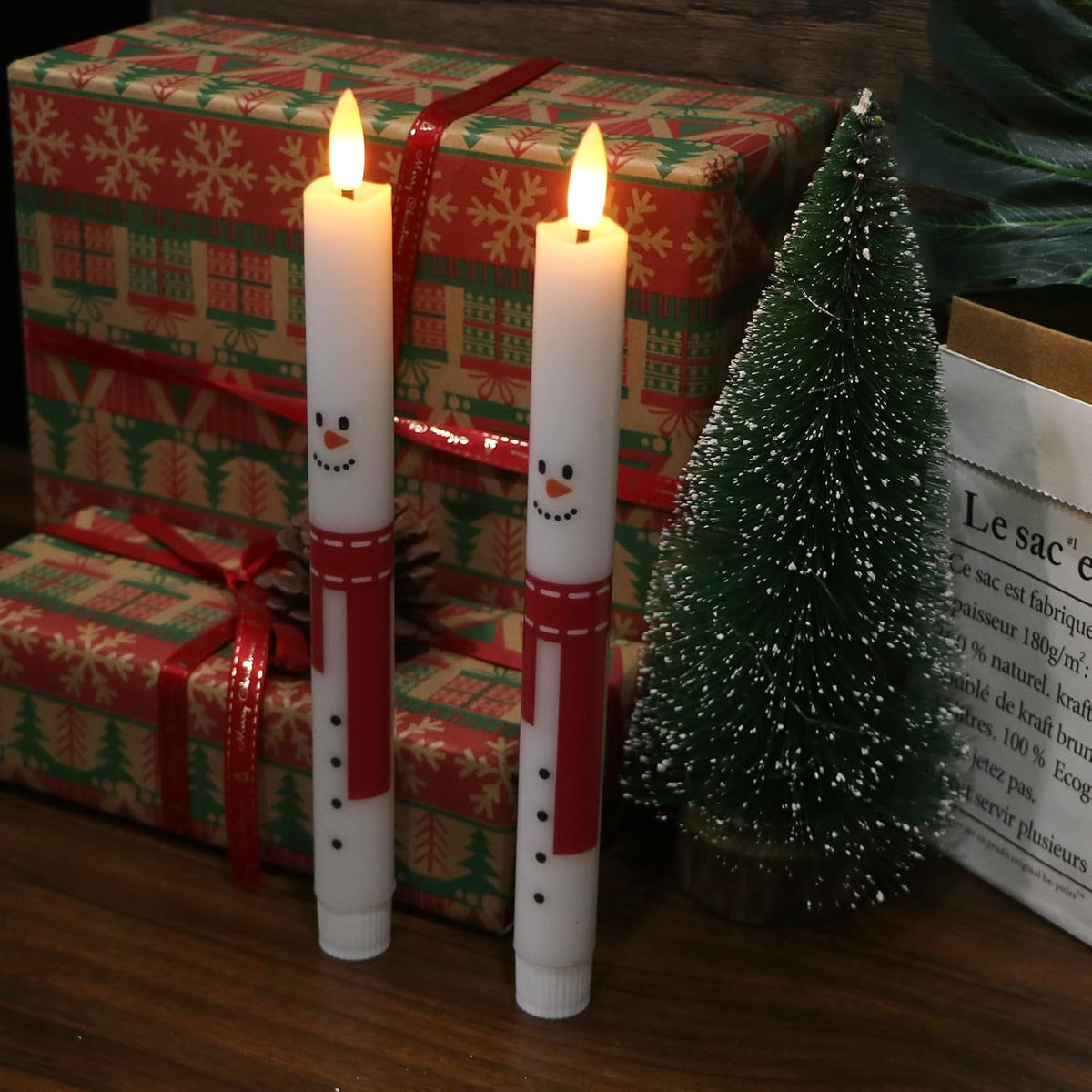 Snowman Christmas Flameless Taper Candles with Remote Timer