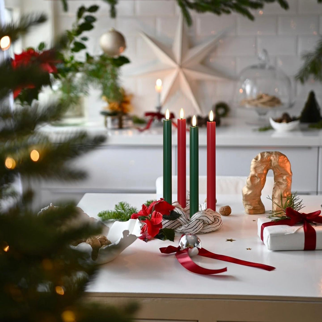 Stmarry Green and Red Flameless Taper Candles with Remote Control - 10 Inch LED Candlesticks Battery Operated, Realistic 3D Flame with Wick, Timer, 6 Pack Holiday Candles Christmas Decor