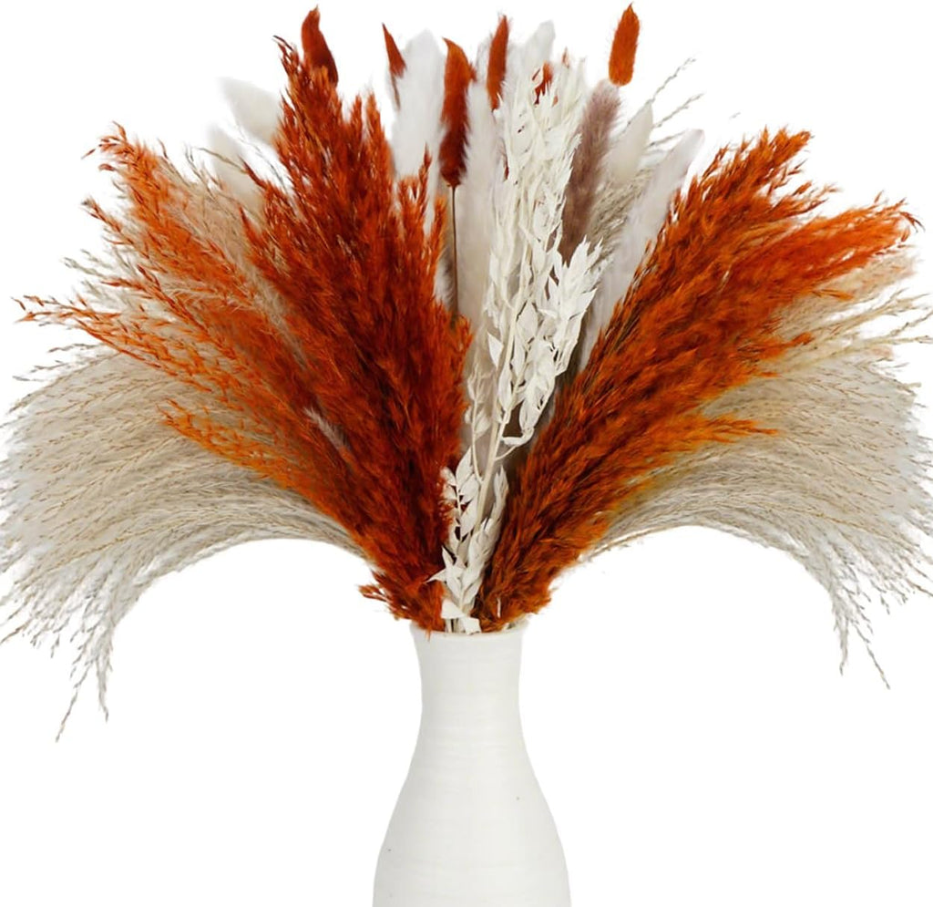 Pampas Grass Dried Flowers for Vase, Burnt Orange Pampas Grass Boho Home Decor, Wedding Decorations (Mixed Burnt Orange)