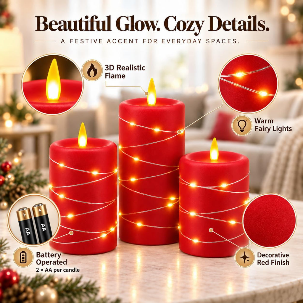 Upinmz RED Flameless Candles with Fairy Lights, Battery Operated, Set of 3