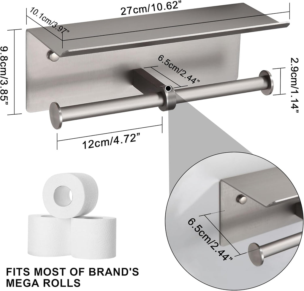 Self Adhesive Aluminum Waterproof Toilet Paper Holder with Shelf Brushed Nickel