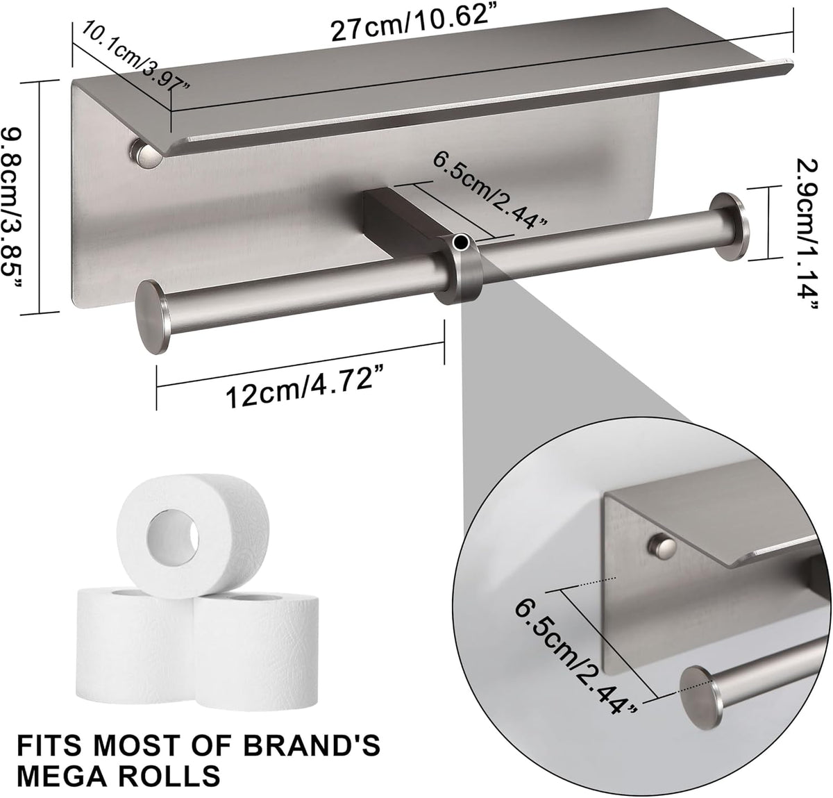 Self Adhesive Aluminum Waterproof Toilet Paper Holder with Shelf Brushed Nickel