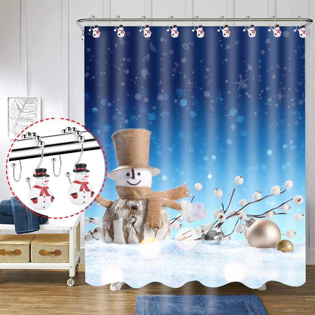 Christmas Double Shower Curtain Hooks,12PCS Xmas Snowman Rust Proof Shower Curtain Hook Rings for Winter Decoration in Bathroom and Living Room