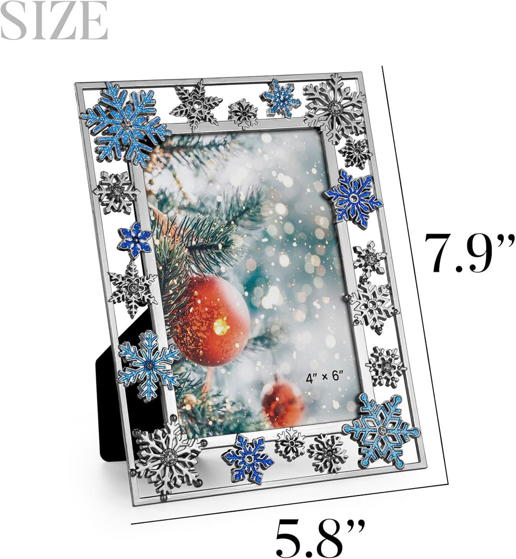 GUOER Christmas Decorations Photo Frame 4x6 Inch Snowflake Christmas Metal Photo Display Picutre Photo Frames with High Definition Glass Front Gift Ideas Tabletop Home Decorative (Blue)