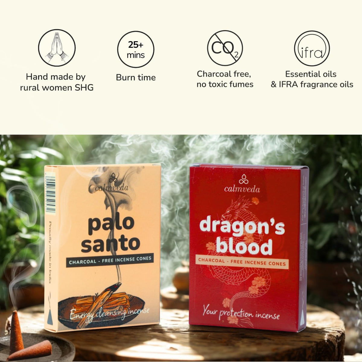 CALMVEDA Palo Santo & Dragons Blood Incense Cones 24-Pack, Energy Cleansing