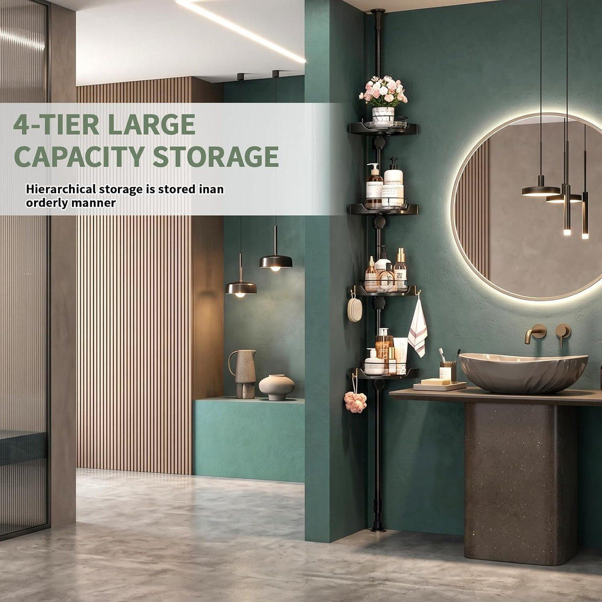 360° Rotating Tension Pole Caddy – 4-Tier Corner Shower Organizer, Height Adjustable 33"–124", Space-Saving for Bathroom, Kitchen Counter, Cabinet Gaps & Bathtub (black)