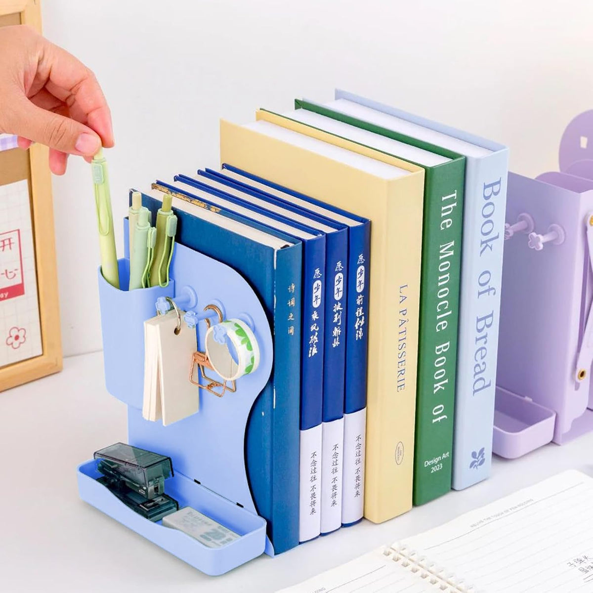 Adjustable Metal Bookends Heavy Duty for Shelves, 2 Dividers, Side Organzier, Anti-Slip Design Expandable Book Ends for Desk, Office(Blue, 18 inches Max)