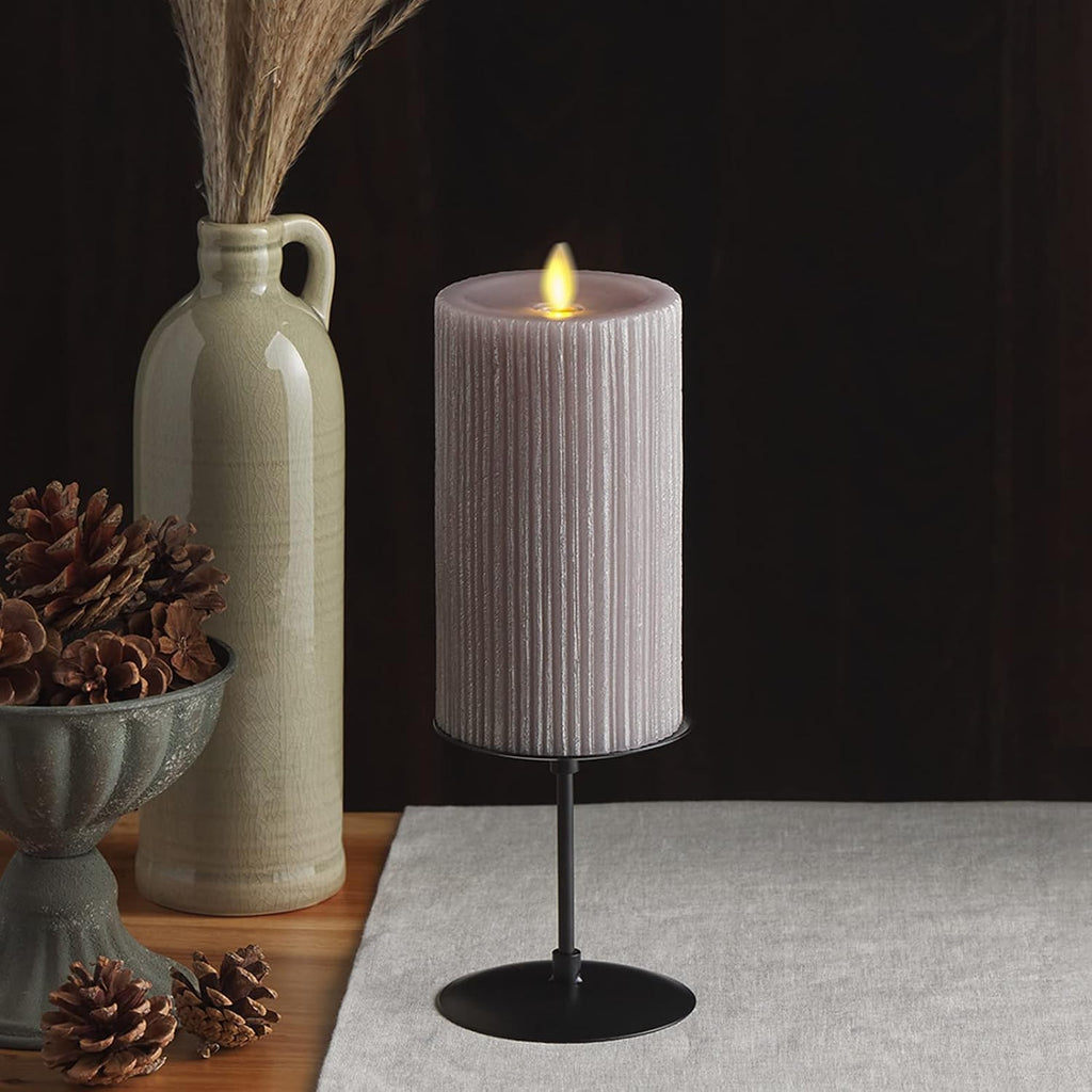 Luminara - Flameless Flickering Real Wax Moving Flame Battery Operated Unscented Candle LED Décor & Gift- Embossed Pillar Collection - Everyday Metallic Furrow, Grey (3.25" x 6.5")