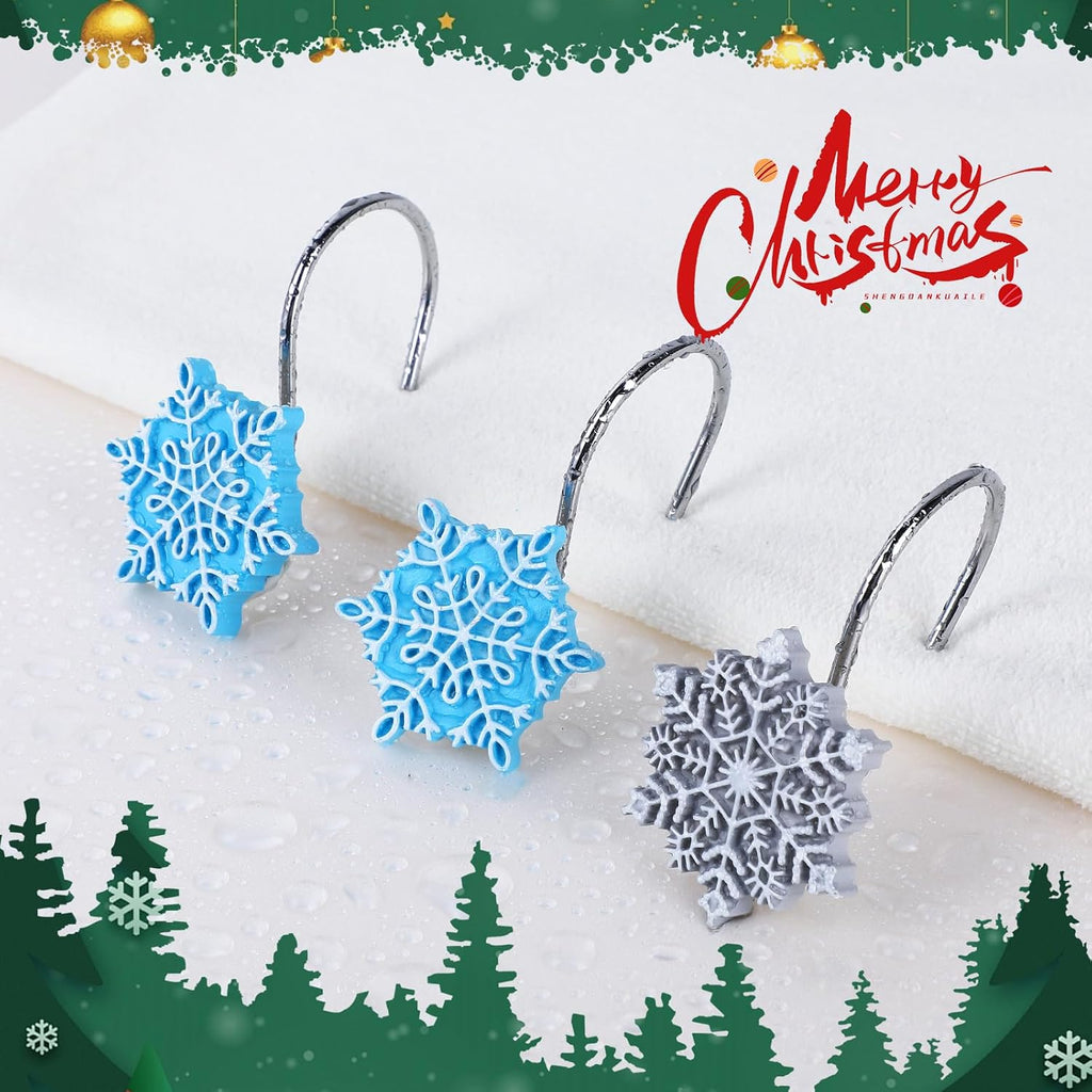 CroBlissful 12 Pcs Winter Snowflake Shower Curtain Hooks 2 Styles Snowflakes Curtain Hangers Hooks Blue Silver Winter Christmas Decorative Rings for Bathroom Restroom Rods Wall Decor