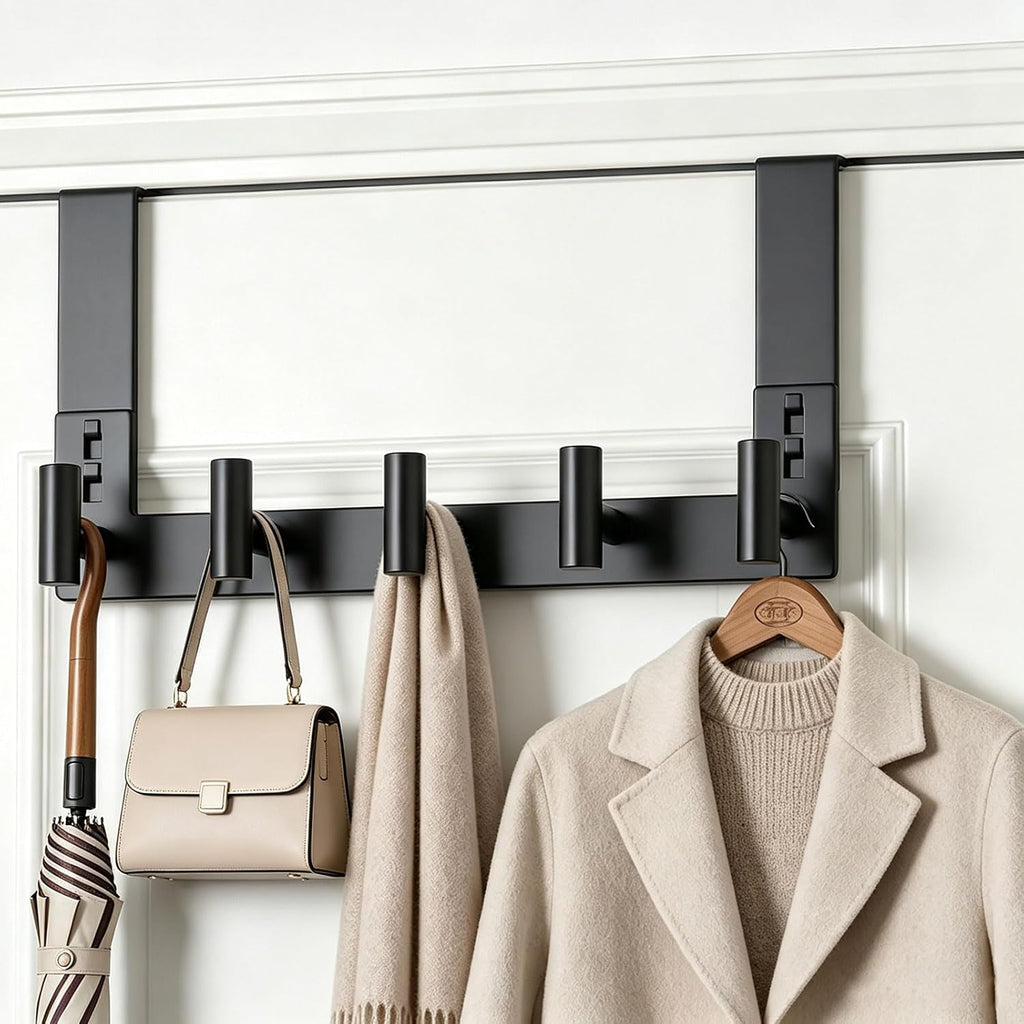Stainless Steel Over The Door Hooks Heavy Duty, Bathroom Towel Holder Door Mount Coat Rack Towel Rack for Bedroom, Doors Hangers Towel Hooks for Bathroom Dorm Essentials (1 Pack,Black-5 Hooks)