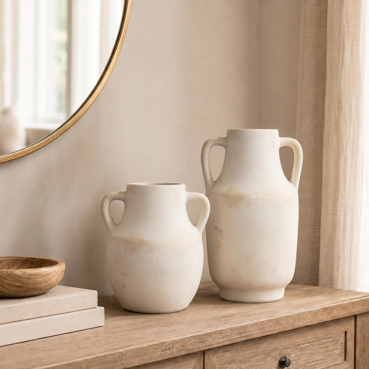 Deep Dream Ceramic Flower Vase with Handles, 11 Inch Large White Ceramic Vase, Decorative Tall Terracotta Vase, Farmhouse Rustic Vase for Home Decor, Shelf, Living Room, Bedroom,Table (White)
