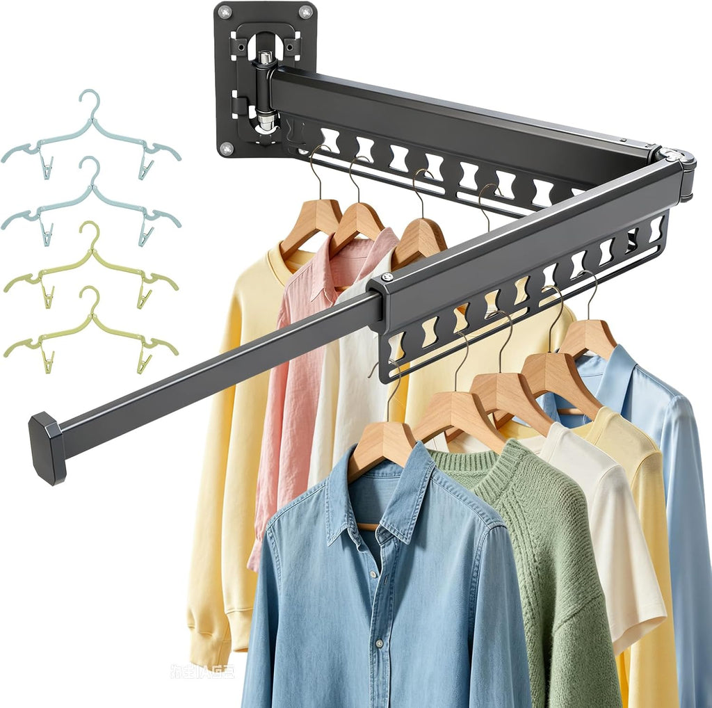 Wall Mounted Clothes Drying Rack Foldable & Space-Saving with 4 Hangers