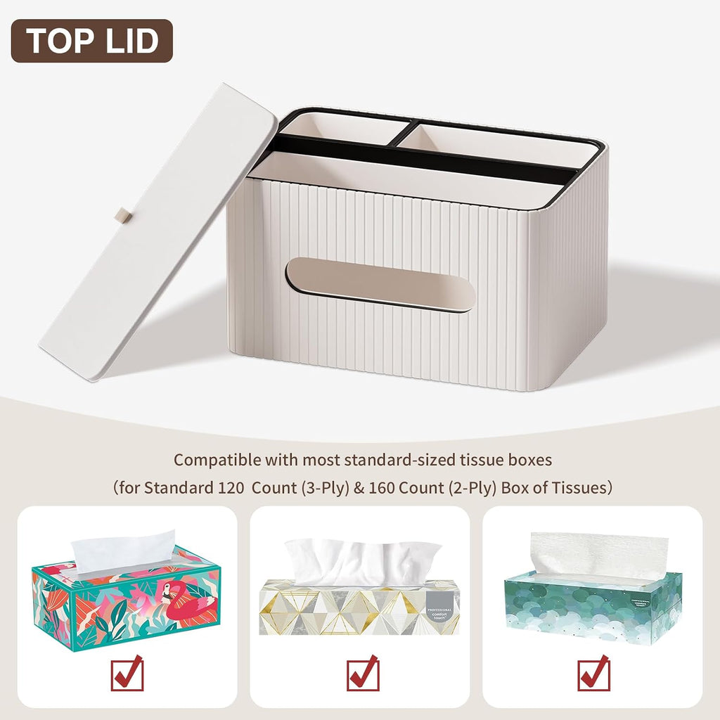KINGFOM Leather Tissue Box Cover with Storage Tray, Decorative Tissue Box Holder Organizer for Office Desk, Bedroom & Nightstand, Remote Control Holder for Perfume, Watch, Glasses, Pens (Ivory White)