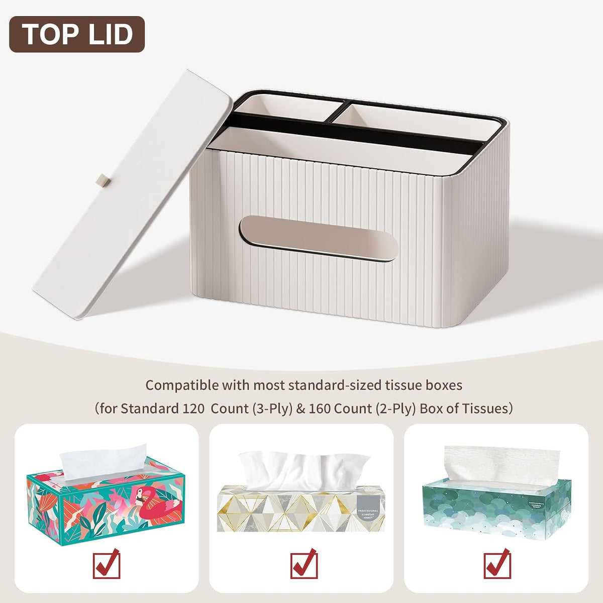 KINGFOM Leather Tissue Box Cover with Storage Tray, Decorative Tissue Box Holder Organizer for Office Desk, Bedroom & Nightstand, Remote Control Holder for Perfume, Watch, Glasses, Pens (Ivory White)