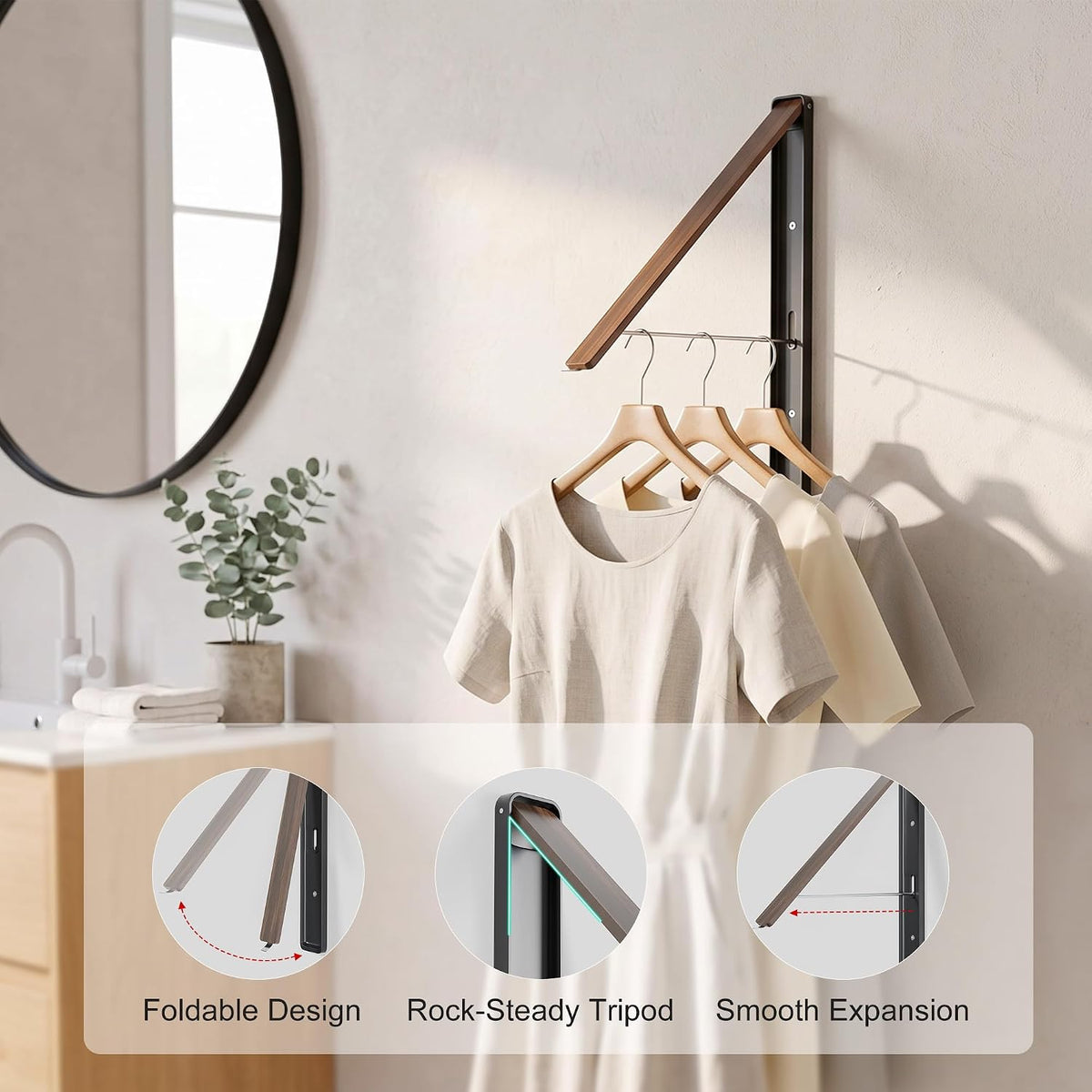 LEQ Clothes Drying Rack Wall Mounted, Foldable Laundry Drying Rack with Wood-Tone Aluminum Frame, Rustproof Retractable Clothes Hanger for Small Laundry Room, Bathroom, Balcony,Black