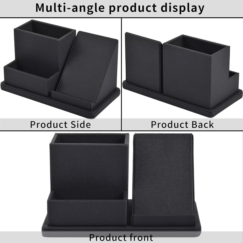 Pu Leather Desk Pen/Pencil Organizer Multi-Function Cell Phone/Remote Control Storage Box with 3 Compartments Office Supplies Sticky Note Tray Business Cards Holder,Black
