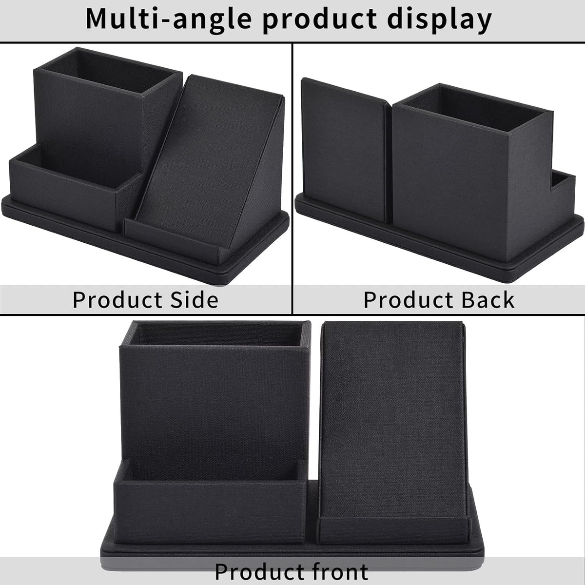 Pu Leather Desk Pen/Pencil Organizer Multi-Function Cell Phone/Remote Control Storage Box with 3 Compartments Office Supplies Sticky Note Tray Business Cards Holder,Black