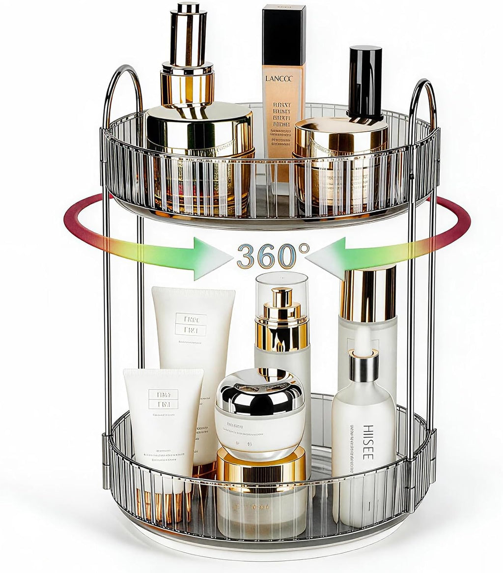 360 Rotating Makeup Organizer, 2 Tier Lazy Susan Bathroom Counter Organizer, Skincare Organizers, Spinning Perfume Organizer & Vanity Organizer Countertop (Classic Grey, 2 Tier)