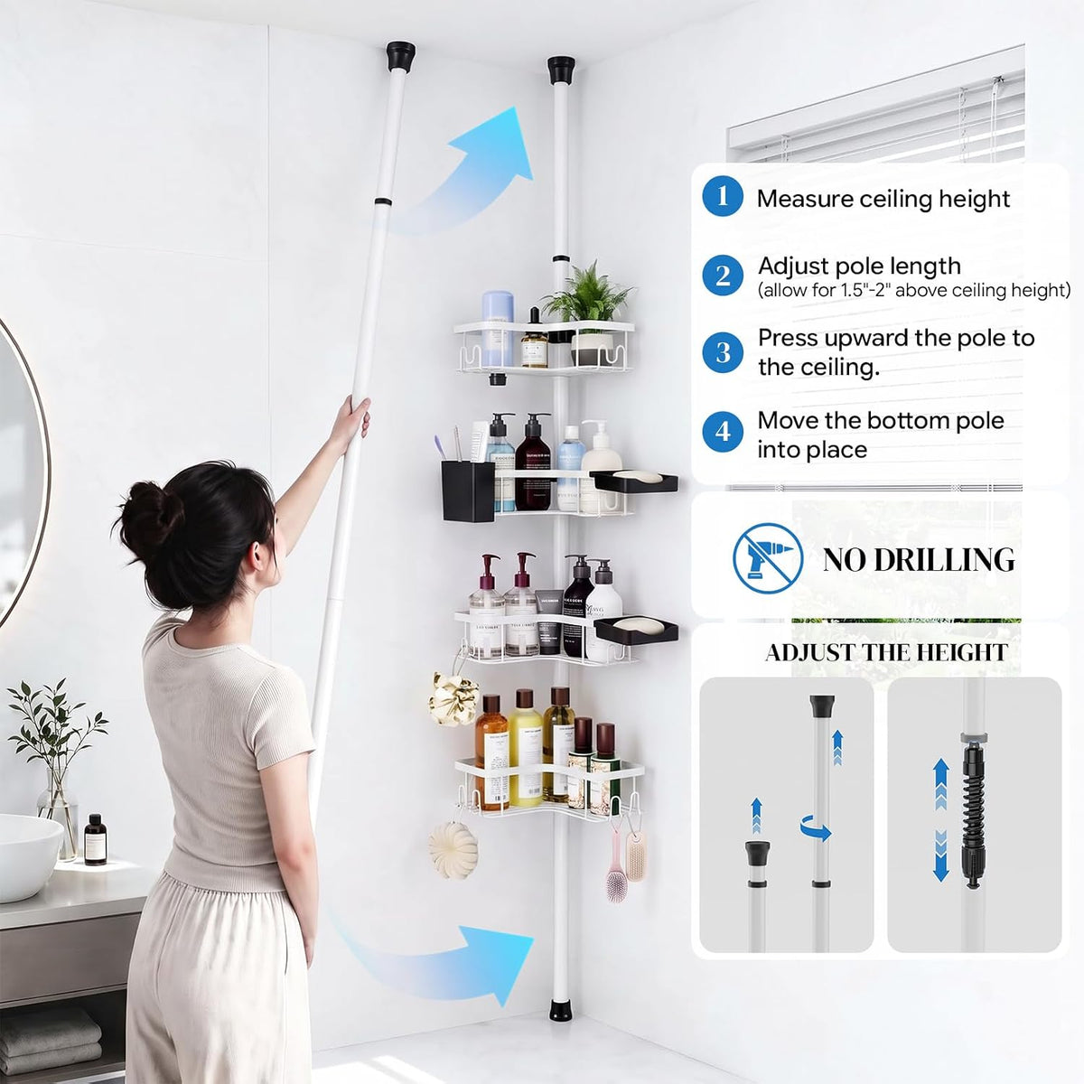 Corner Shower Caddy Tension Pole 4-Tier Rustproof Bathroom Organizer-White