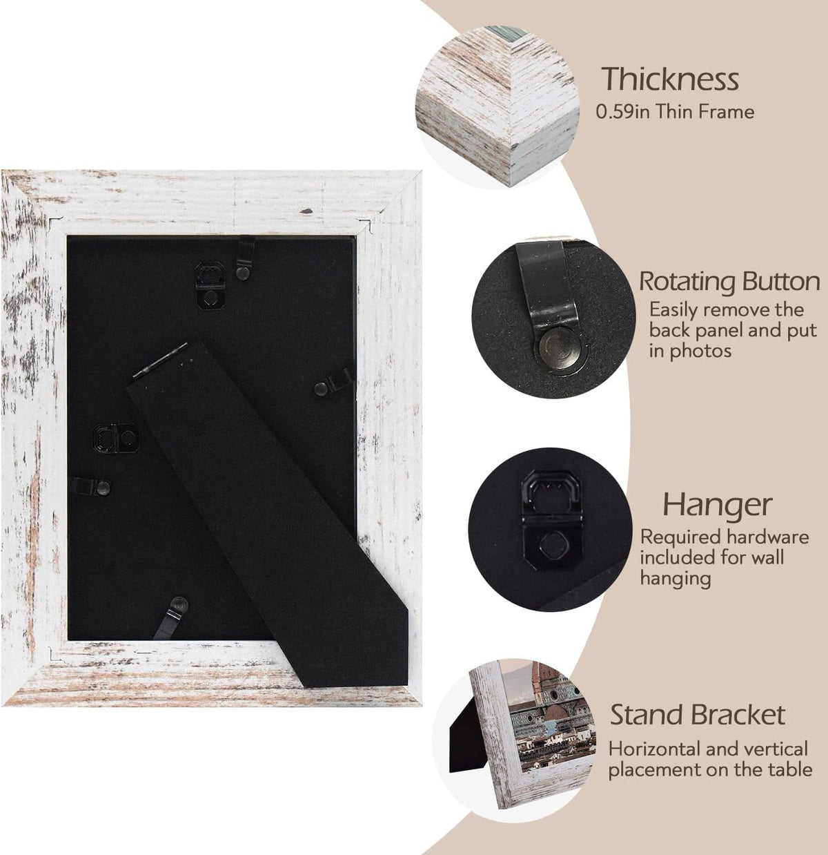 4 Pack 5x7 Picture Frames, Rustic White, Real Glass, Wall&Tabletop Display