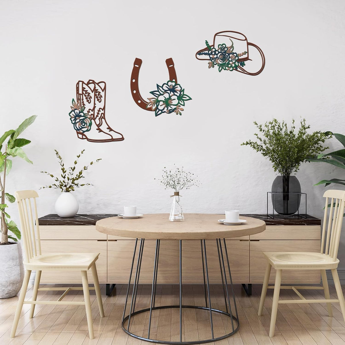 3 Pcs Cowboy Hats Boots Horseshoes Flowers Metal Wall Arts