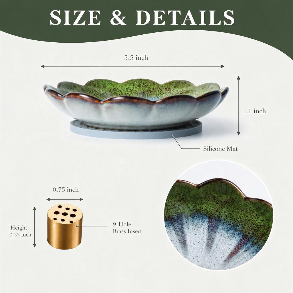 Pinehaven Green Lotus Incense Holder, Handcrafted Ceramic Japanese Zen Tray