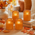 Fall Decorations for Home, Orange Glass Flameless Candles with Remote & Timer, Set of 4 Real Wax LED Pillar Candles with Dancing Flickering Flame, 3" x 4"/5", Halloween Thanksgiving Christmas Decor