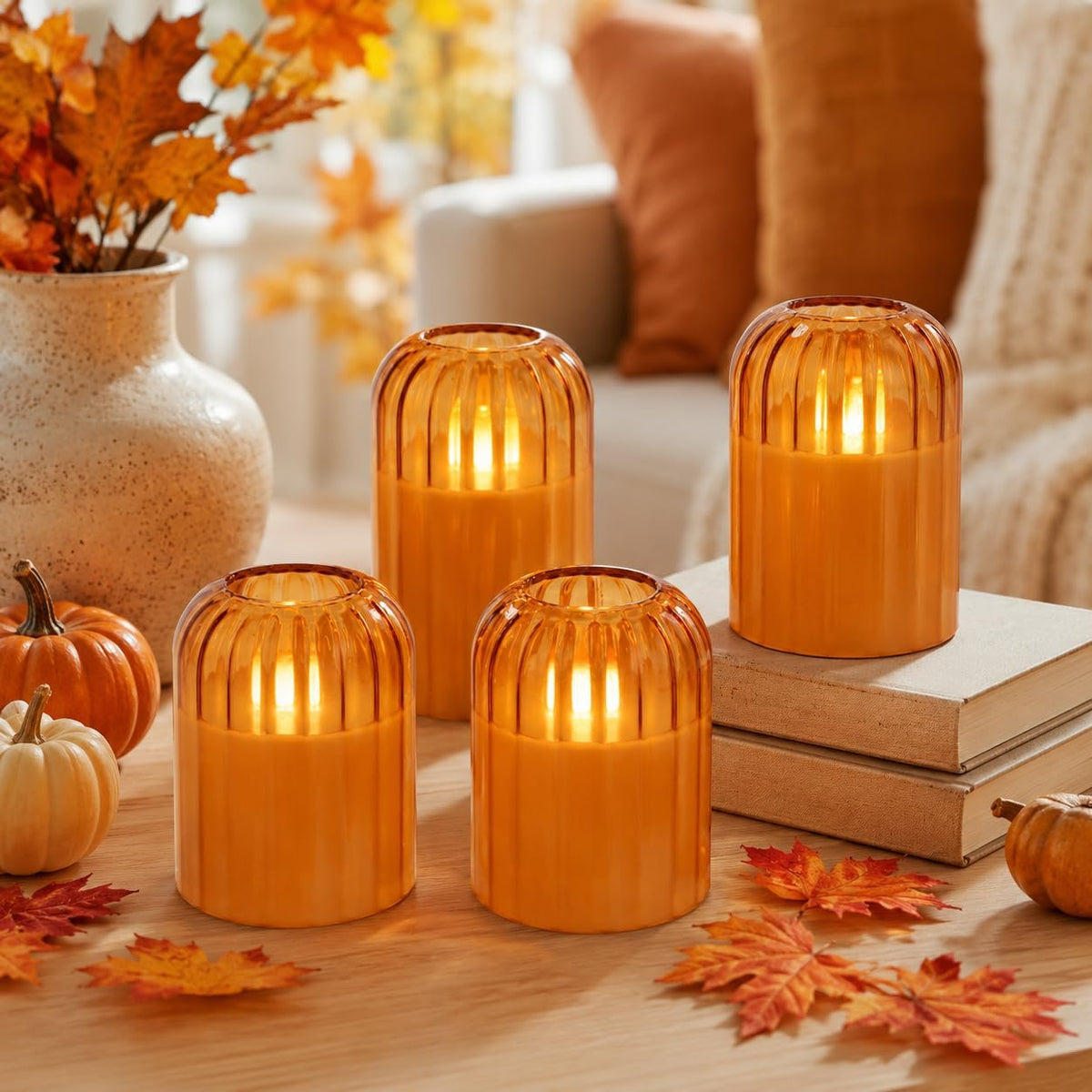 Fall Decorations for Home, Orange Glass Flameless Candles with Remote & Timer, Set of 4 Real Wax LED Pillar Candles with Dancing Flickering Flame, 3" x 4"/5", Halloween Thanksgiving Christmas Decor