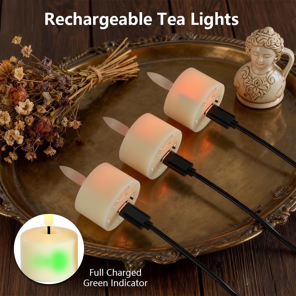 Flameless Rechargeable Tea Lights with Remote Timer - LED Electric Candles Realistic Flickering for Valentines Decor, Wedding Table, Home Decoration 12-Pack (Φ 1-1/2''×H 2'')