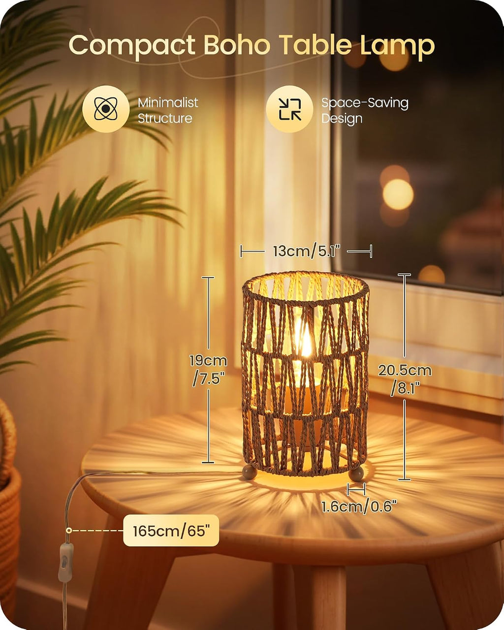 Boho Table Lamps Set of 2, Rattan-Style Small Bedside Lamps