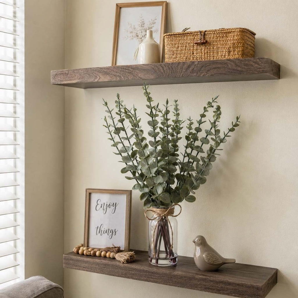 SwanMoon Artificial Eucalyptus Stems in Glass Vase with Faux Water, 17.5 Inch Mini Faux Greenery Plant for Bathroom Vanity, Coffee Table, Farmhouse Office, Wedding Home Table Centerpieces Decor