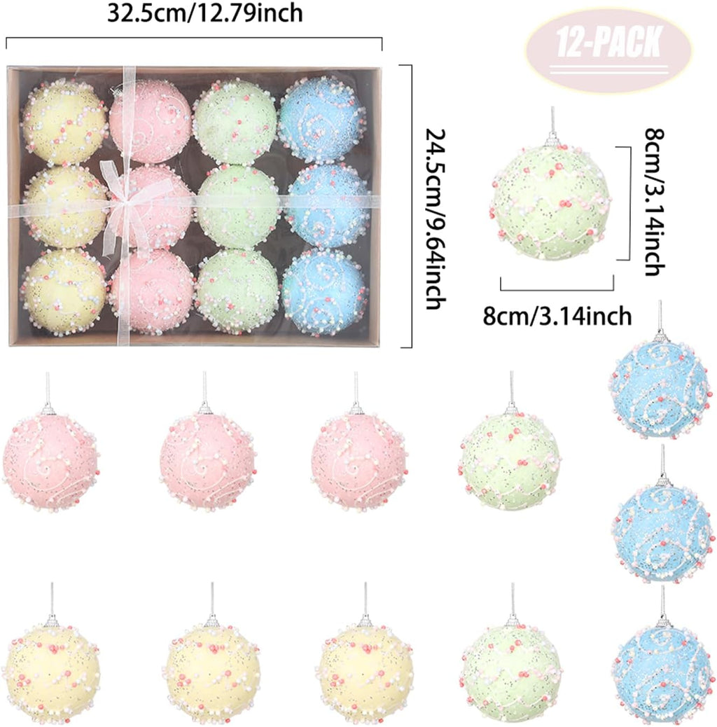 Pastel Christmas Tree Ornaments Decorations, 12 Pcs 3.1 Inch Macaron Shatterproof Foam Christmas Ball Ornaments Set, Christmas Tree Hanging Pendants Xmas Tree Decoration