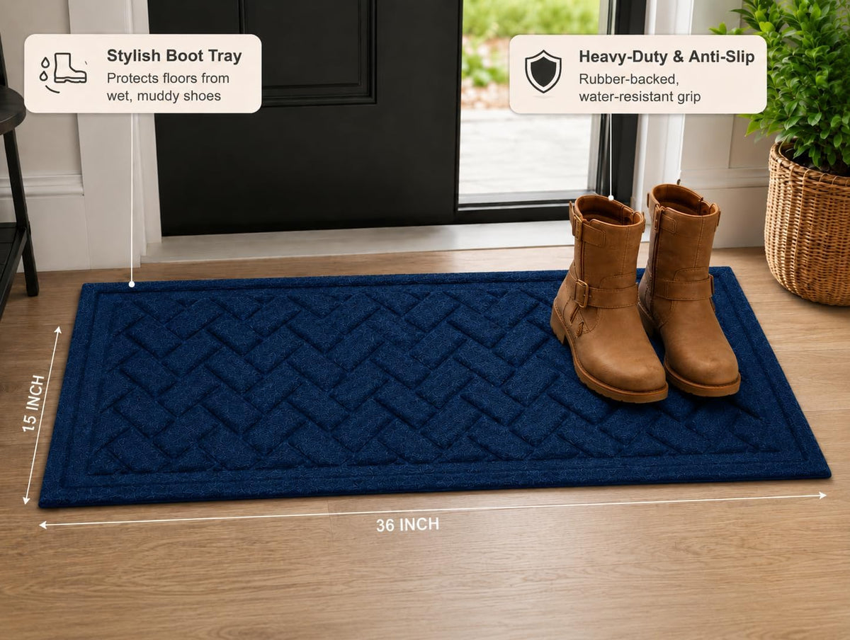 Artisan Entry Boot Tray Brick Design, Indoor Mats for Entryway, Durable & Easy to Clean Tray for Boots, Anti-Slip & Water-Resistant for Front Room, Made in The USA, 15" x 36", Navy, by Mats Inc.