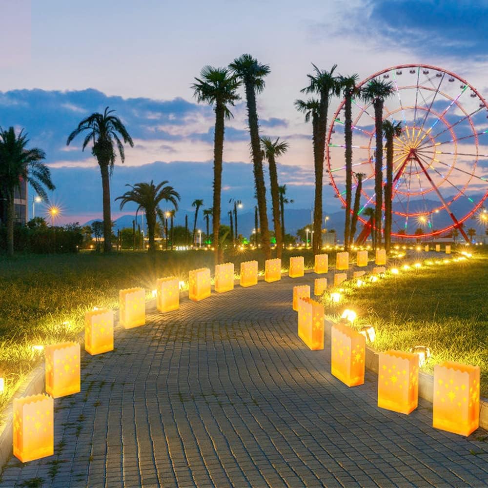 AceList 50 Set LED Candles with Luminaries Bags,Paper Luminary Bags Flickering Tea Light Battery Operated for Wedding Party,Halloween,Christmas,Decoration- Meteor