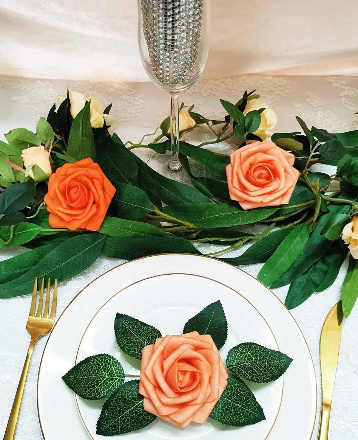 Artificial Flowers 50PCS Real Looking Mixed Vivid Orange Fake Roses with Stem for DIY Wedding Bouquets Centerpieces Baby Shower Party Home Decorations