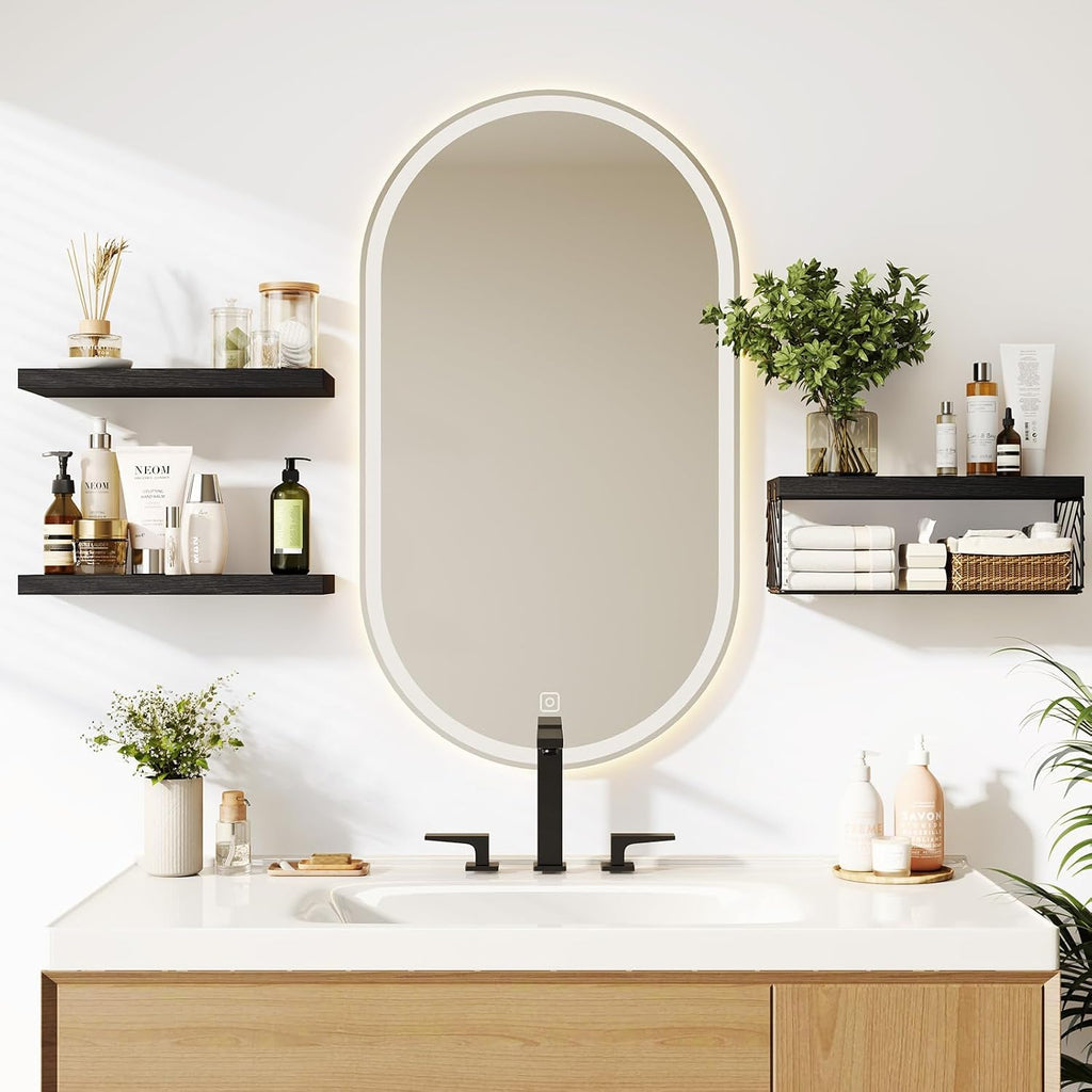 BAYKA Black Floating Bathroom Shelves, 15.7in, 3Pk, Wall Mount Wood Shelf