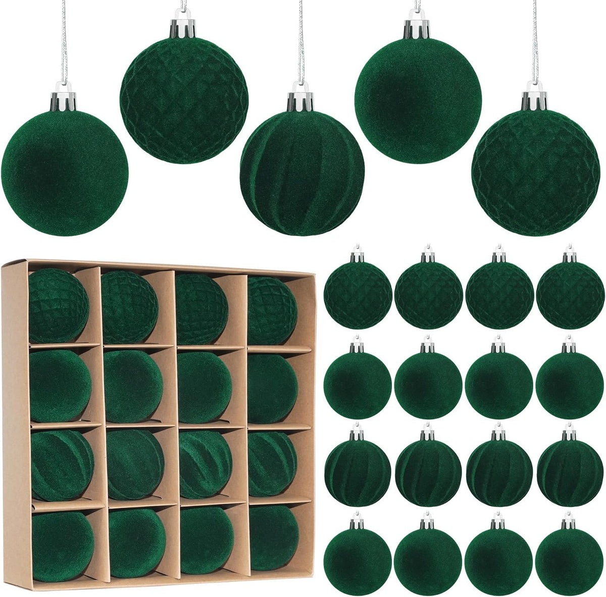 Artmag 16 Pcs Velvet Christmas Balls Hanging Ornaments Set, Shatterproof Plastic Flocked Christmas Tree Balls Xmas Decorations Festival Holiday Party Decor (Green,2.36 Inch)