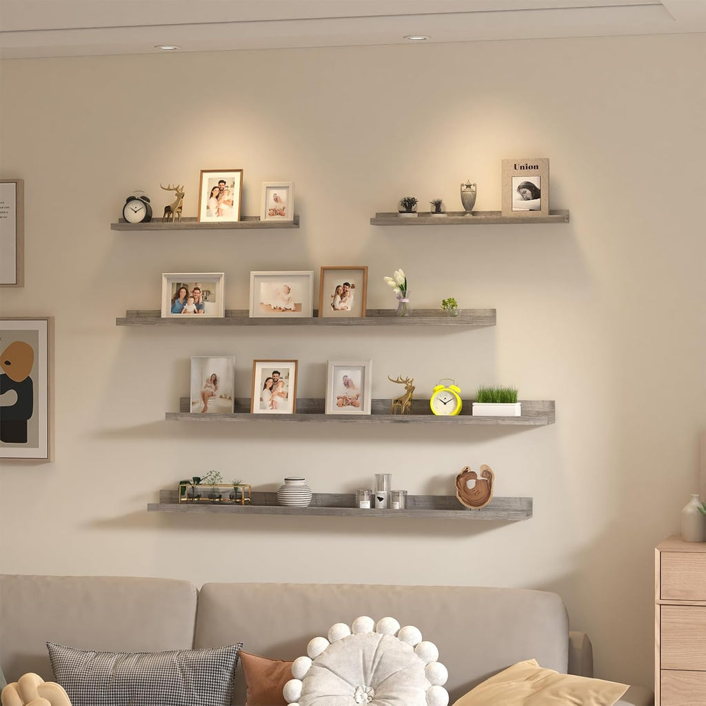 Giftgarden 47 Inch Long Floating Shelves for wall Set of 5, Grey Wood Wall Shelves for Bathroom, Bedroom, Kitchen, Living Room Storage and Decoration, Gray Wooden Picture Ledge