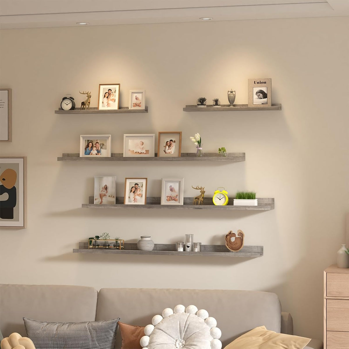 Giftgarden 47 Inch Long Floating Shelves for wall Set of 5, Grey Wood Wall Shelves for Bathroom, Bedroom, Kitchen, Living Room Storage and Decoration, Gray Wooden Picture Ledge