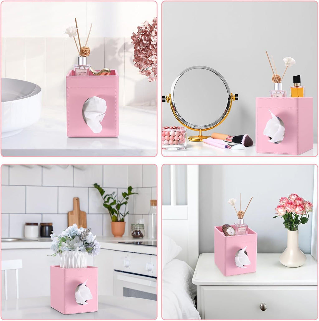 Sumnacon Square Tissue Box Cover with Storage Tray,Tissue Box Holder,Pink