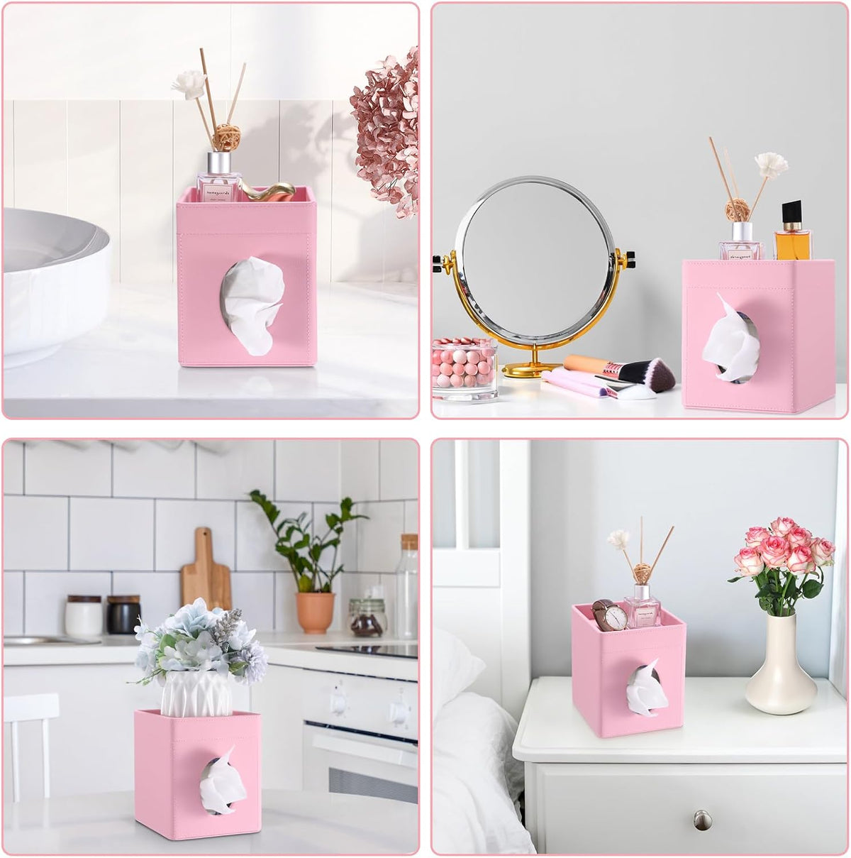 Sumnacon Square Tissue Box Cover with Storage Tray,Tissue Box Holder,Pink