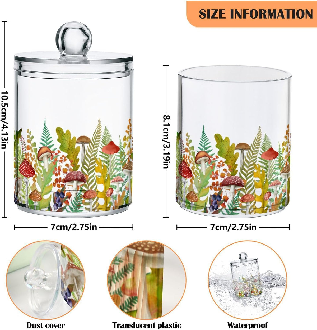 Fall Leaf Mushroom Apothecary Jars with Lids for Bathroom - 10 OZ Qtip Holder Clear Plastic Jar Storage Canister for Cotton Balls, Swabs, Makeup Organizer, 4 Pack