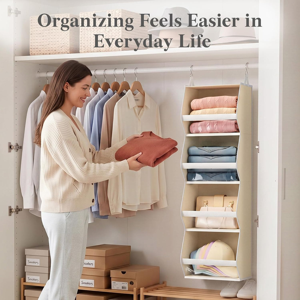 Lifewit Hanging Closet Organizer and Storage for Clothes, Beige, 2 Pack