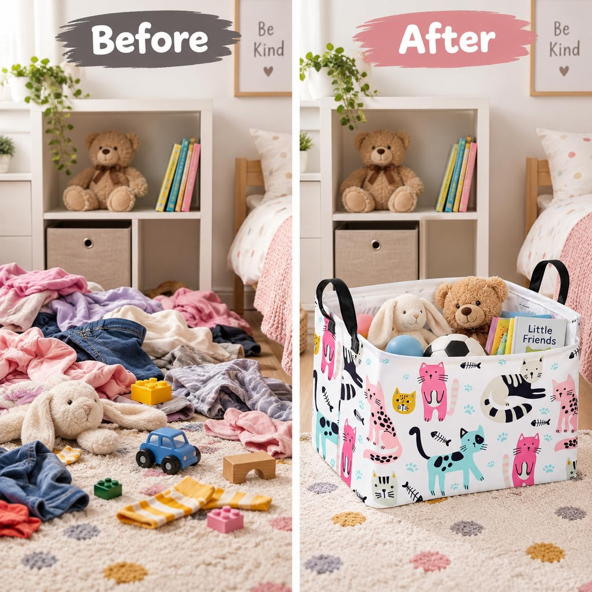 Cat Storage Basket, Foldable Cotton Linen Storage Bin with Handles, Cute Cat Print Rectangular Organizer Basket with Water Resistant Lining for Closet Shelves, Bedroom, Toys, Laundry and Gifts