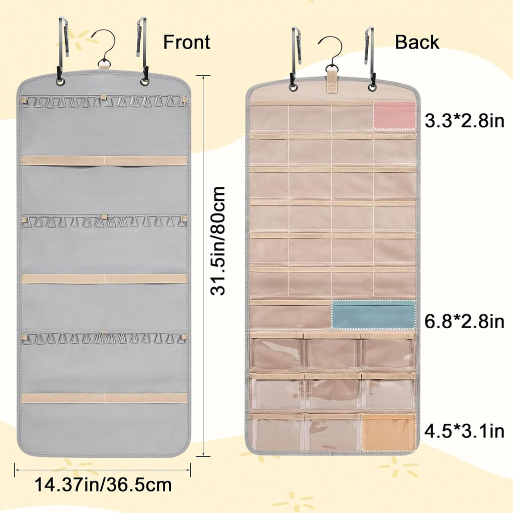 Wome Over the Door Jewelry Organizer Hanging: Double-Sided Storage with 28 Small 2 Large 9 Medium Pockets for Earrings Necklaces Rings Durable Polyester for Door or Closet or Wall or Glass (grey)