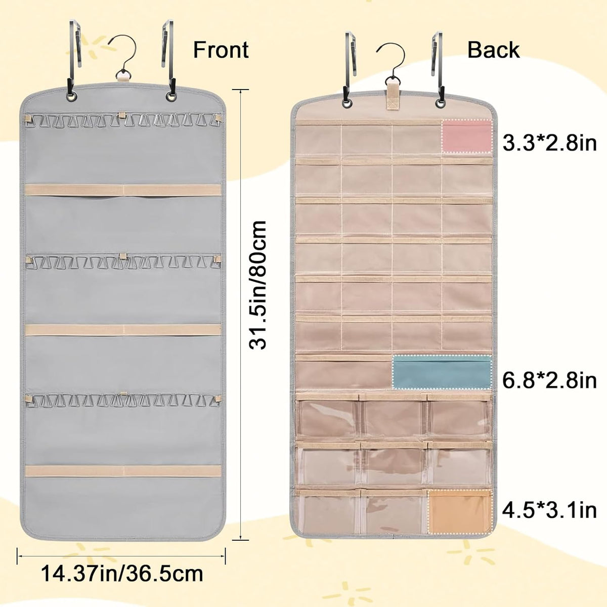 Wome Over the Door Jewelry Organizer Hanging: Double-Sided Storage with 28 Small 2 Large 9 Medium Pockets for Earrings Necklaces Rings Durable Polyester for Door or Closet or Wall or Glass (grey)