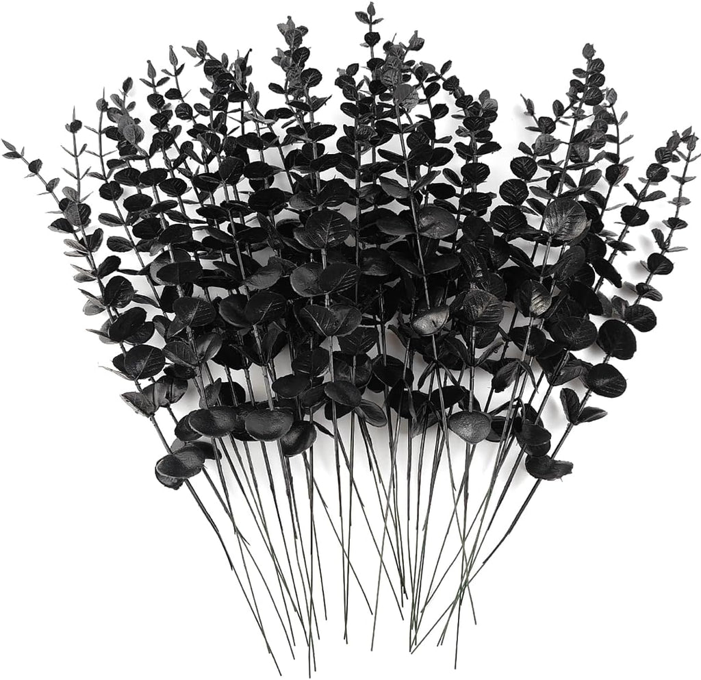 TIHOOD 14PCS 15” Black Eucalyptus Stems Artificial Eucalyptus Leaves Branches Fake Eucalyptuses Decor Faux Eucalyptus leaf Stem for Halloween Autumn Fall Floral Arrangement Wedding Bouquet Home Office