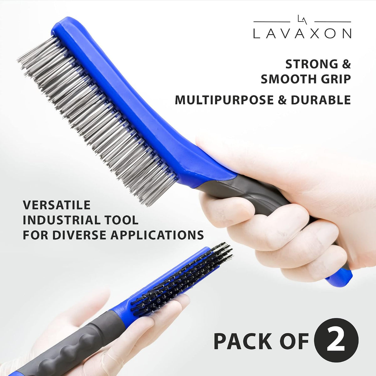 Lavaxon Wire Brush Set-Heavy Duty Stainless & Carbon Steel Bristles with Plastic Handle Grip for Rust, Wielding Slag, Dirt & Paint Scrubbing with Deep Cleaning – 10 Inches (Pack of 2-Blue)