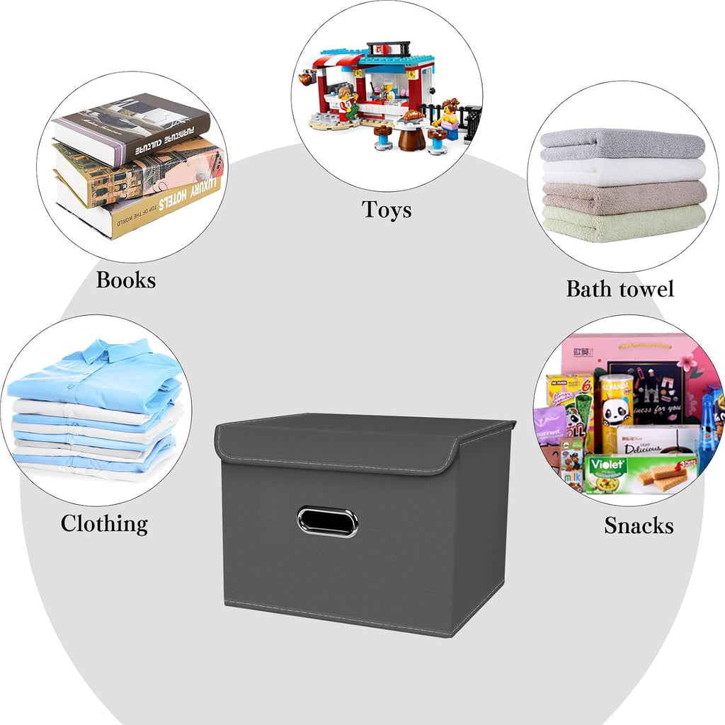 4-Pack Large Collapsible Storage Bins with Lids,Fabric Storage Cubes Organizer for Shelves,Closet,Nursery,Foldable Cube Storage Baskets with Handles,Home Boxes (14.9"x9.8",Grey)
